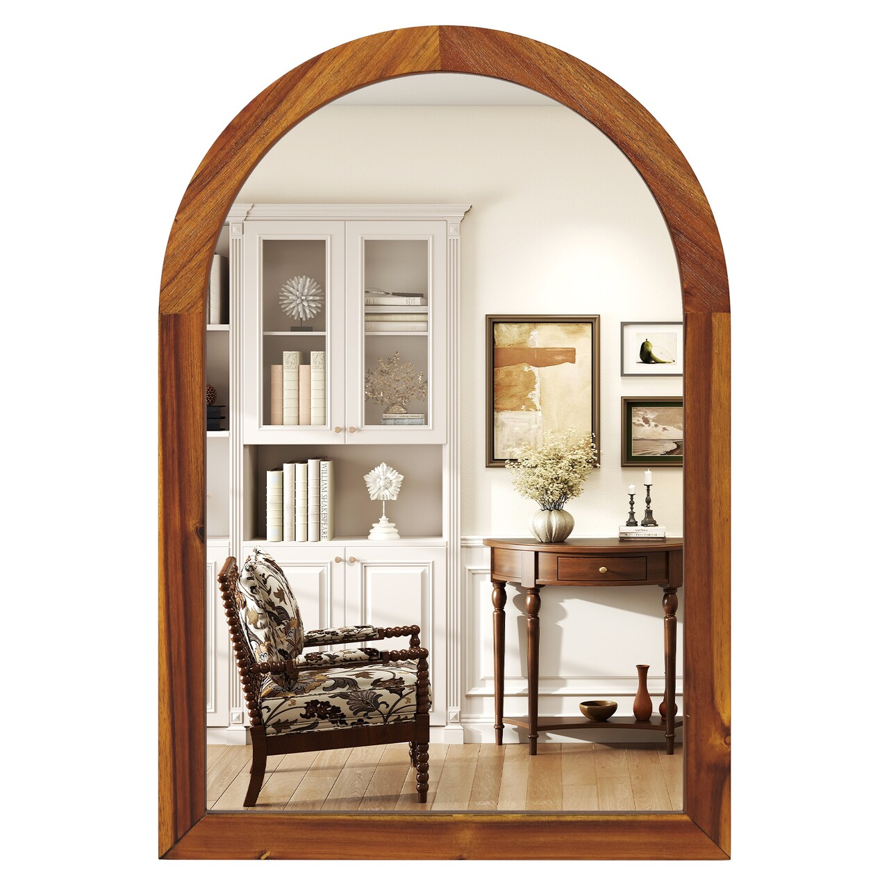 24"x35" Arched Brown Wood Wall Mirror with Shatterproof Glass for Bedroom Entryway or Bathroom
